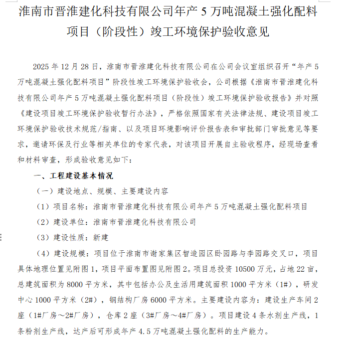 淮南市晋淮建化科技有限公司年产5万吨混凝土强化配料项目（阶段性）竣工环境保护验收公示